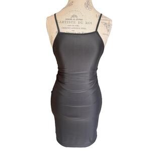 White Fox bodycon mini dress. Square neck, gray metallic, spaghetti strap size S